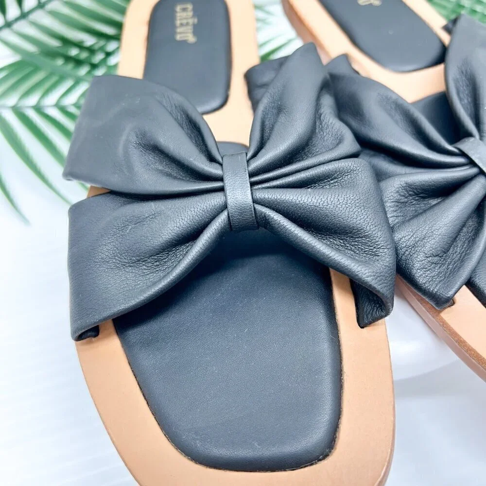 CREVO Kitty Bow Leather Slide Sandal Size 6 Black Square Open Toe Flats